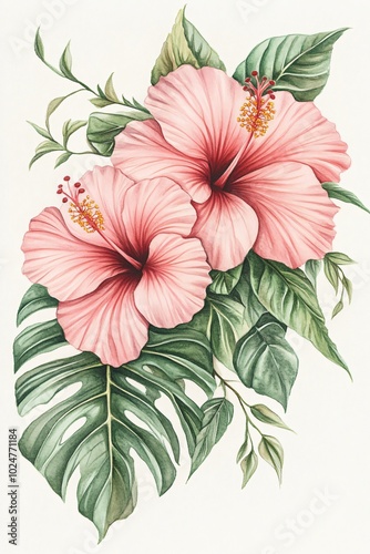 Delicate Botanical Watercolor of Pink Hibiscus and Paradise Flowers with Tropical Greenery