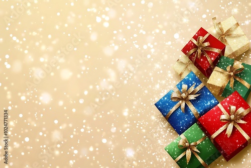 A festive arrangement of colorful gift boxes with bows on a sparkling background.