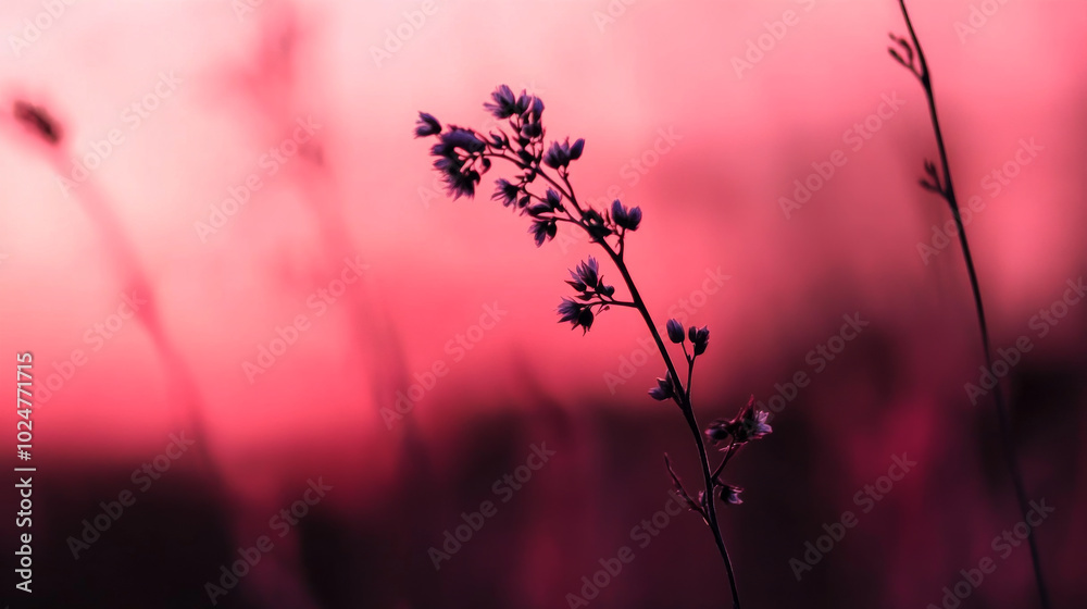 Delicate flowers silhouetted against a vibrant sunset sky in a peaceful meadow Delicate flowers silhouetted against a vibrant sunset sky in a peaceful meadow