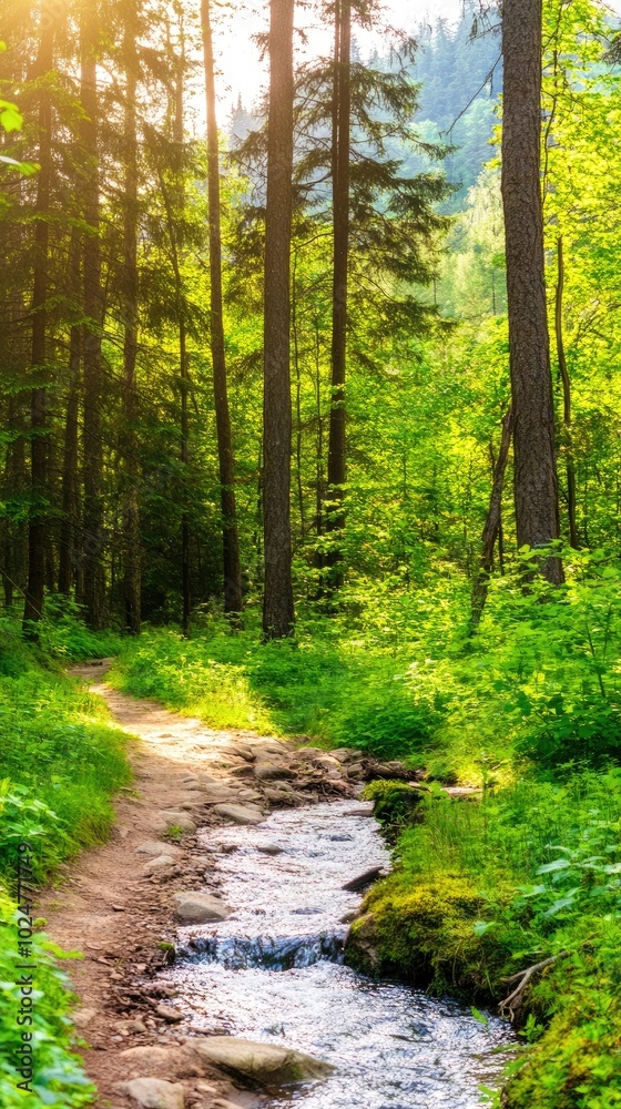 A narrow hiking trail meanders alongside a refreshing stream, surrounded by dense, vibrant greenery, on a bright sunny day A narrow hiking trail meanders alongside a refreshing stream, surrounded by dense, vibrant greenery, on a bright sunny day