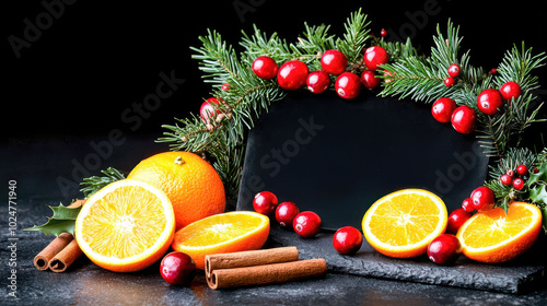 Festive arrangement with oranges, cranberries, and pine, perfect for seasonal decorations. photo