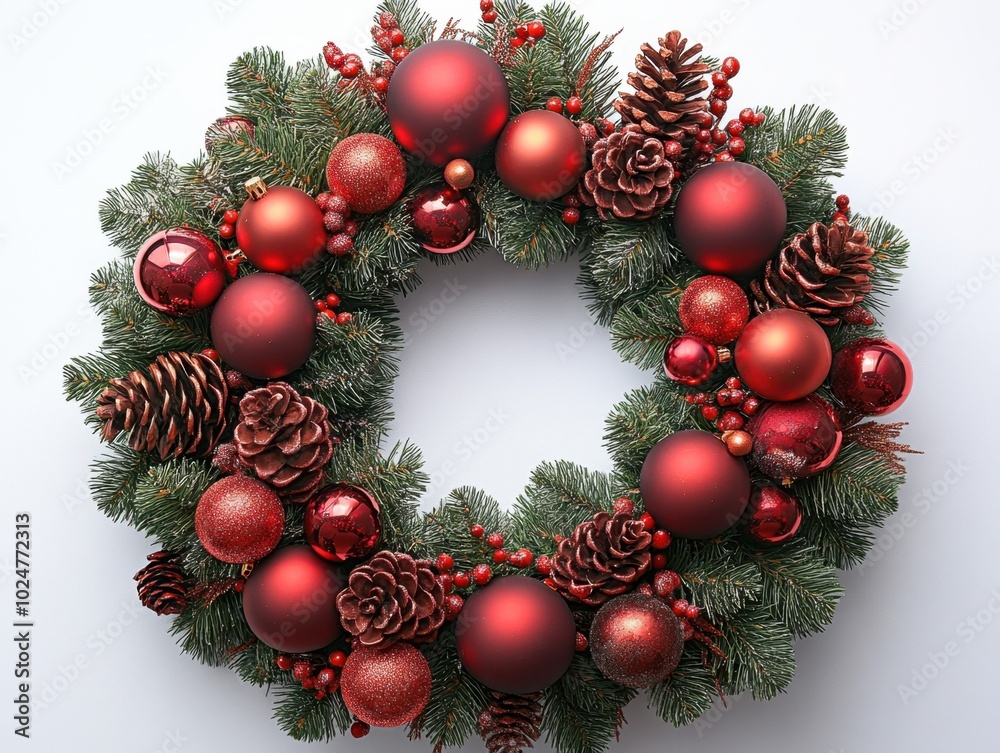 A festive wreath made of pine branches and ornaments, isolated on white background. A festive wreath made of pine branches and ornaments, isolated on white background.