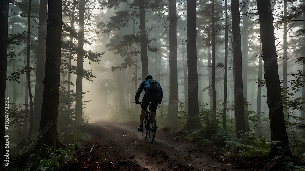 Obraz premium Cyclist Silhouette Riding Through a Foggy Forest: Morning Mist and Light Rays