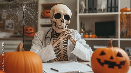 A doctor is a skeleton reviewing patient charts in a hospital office subtly decorated with Halloween pumpkins and spider webs.