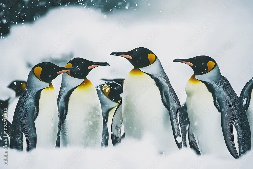 Fototapeta premium King penguins huddle together in the snow.