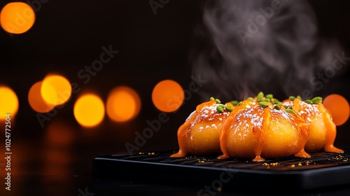 Creamy and sweet gulab jamun dessert balls soaked in cardamomscented sugar syrup photo