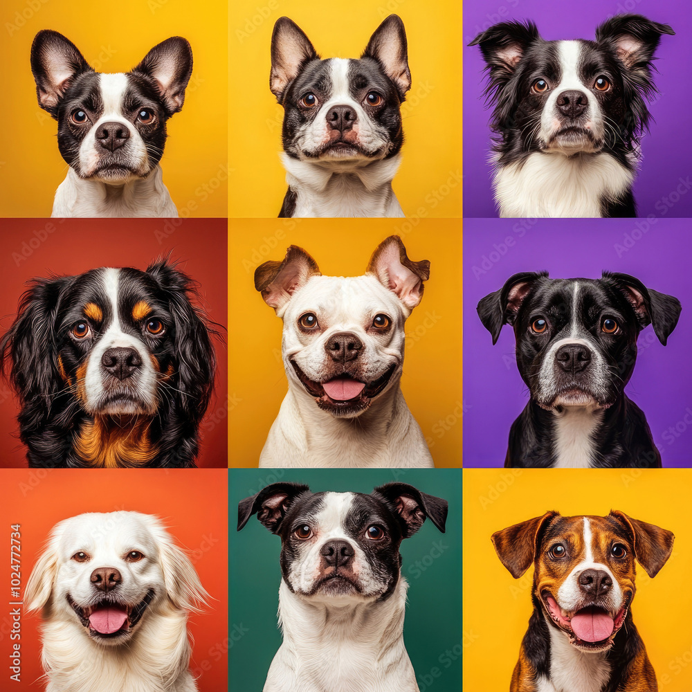 Obraz premium grid of nine dog portraits, each featuring different breeds and expressions. The colorful backgrounds range from yellow, orange, purple, and green, creating a vibrant, playful atmosphere