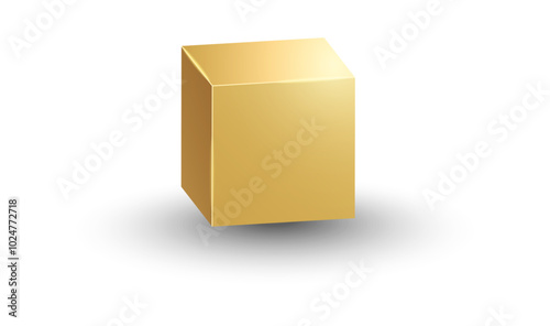 3d gold metallic cube. Realistic vector geometric shape. Golden glossy box with shadow