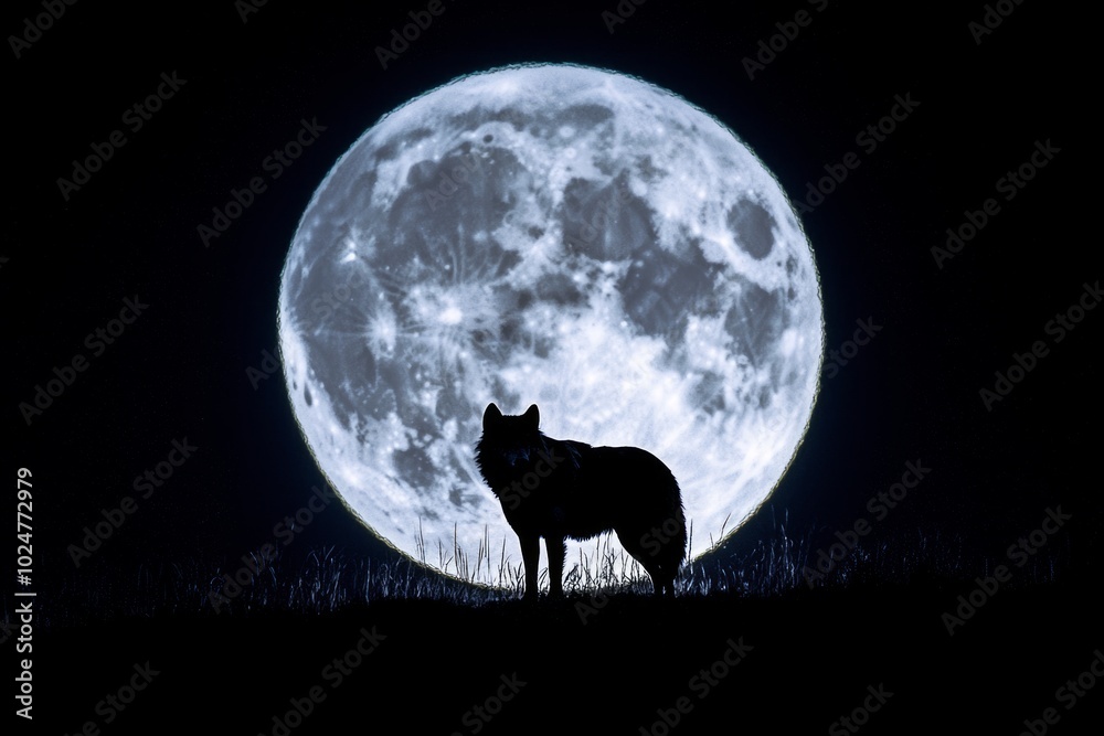 Fototapeta Wolf silhouetted against a full moon.