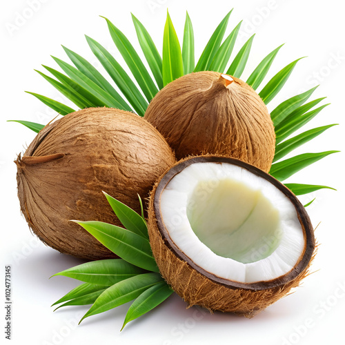  A set of fresh coconuts, both whole and halved, cut out against a transparent background.