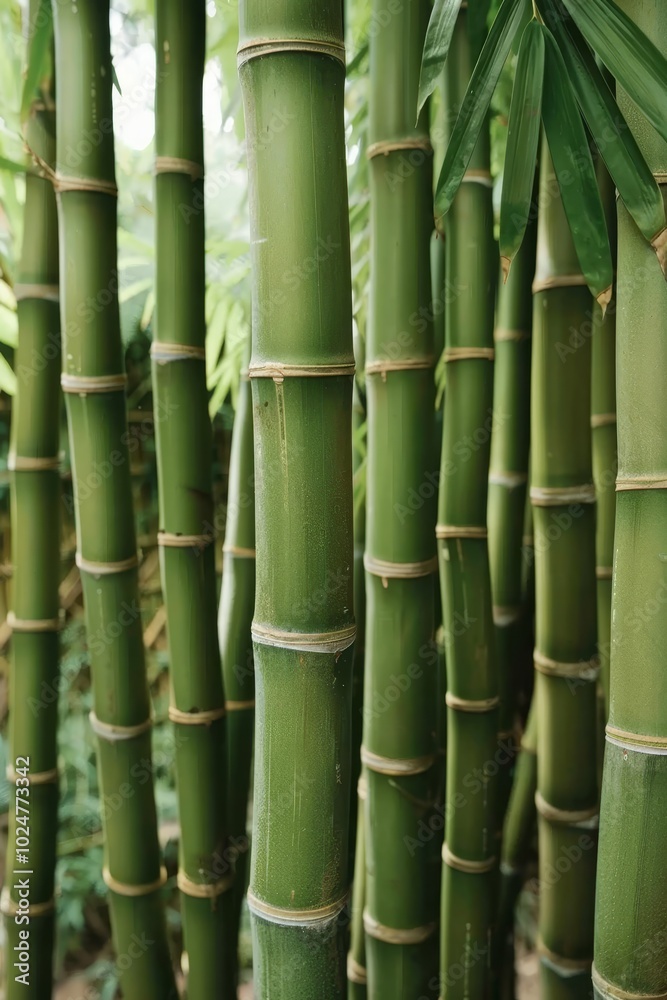 Lush Green Bamboo Stalks in a Tropical Rainforest Setting, Ideal for Natural Border Designs