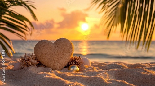 A romantic sunset scene featuring a heart-shaped stone on a sandy beach, surrounded by tropical plants.