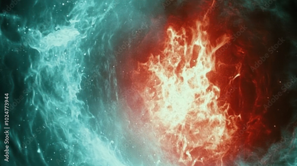 A vibrant depiction of cosmic elements with contrasting colors representing fire and water. A vibrant depiction of cosmic elements with contrasting colors representing fire and water.
