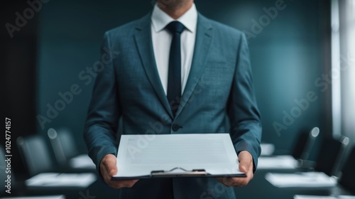 Business professional in a suit holding a clipboard at a corporate boardroom, symbolizing leadership and decision-making in a modern office.