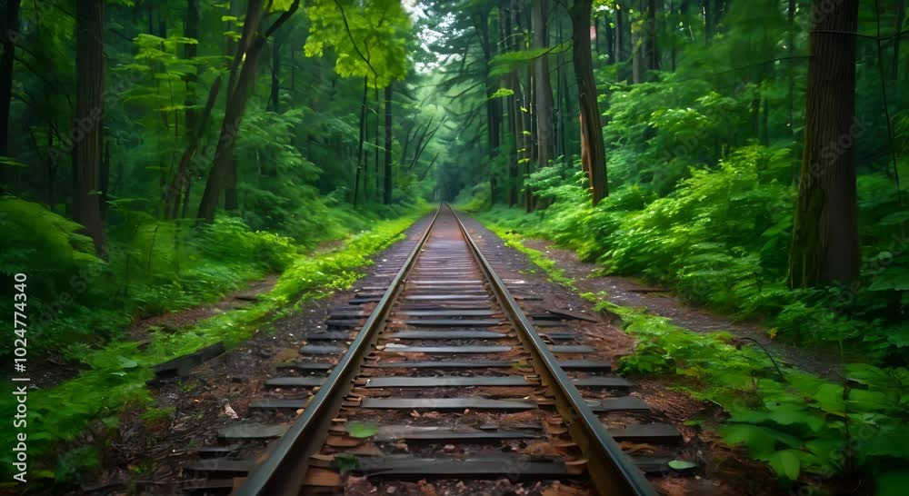 Railroad Tracks Leading Into a Dense Green Forest Railroad Tracks Leading Into a Dense Green Forest