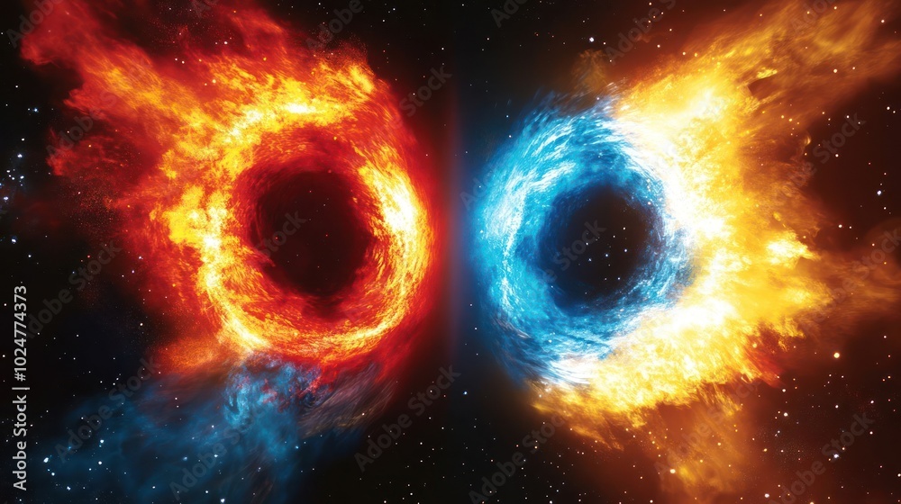 A cosmic depiction of contrasting fire and ice elements in a space setting. A cosmic depiction of contrasting fire and ice elements in a space setting.