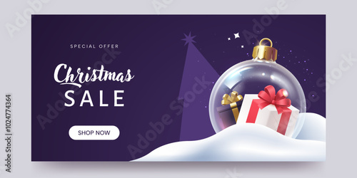 Winter Sale banner design. Holiday gift boxes inside a large glass Christmas ball. Seasonal special offer. 3d style. Ideal for web, poster, social media. Vector illustration