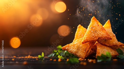 Crispy golden samosas bursting with spiced potato filling, served with tangy tamarind chutney photo