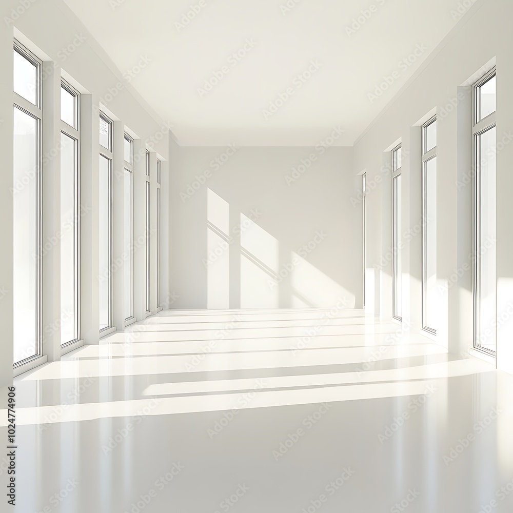 Fototapeta premium A bright, minimalist interior space with large windows casting shadows on the floor.