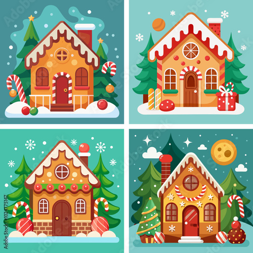 christmas, gingerbread, cookie, decor, sugar, sweet, sweets, pastry, house, treat, home, building, winter, vector, cartoon, candy, tree, illustration, holiday, snow, door, architecture, roof