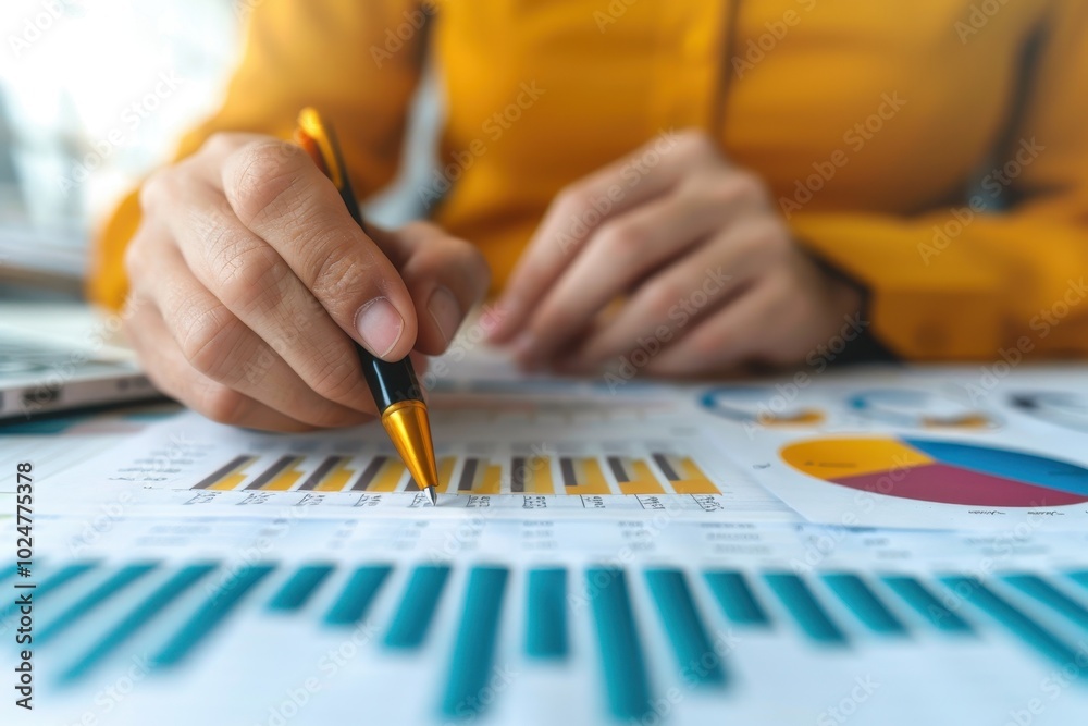 Close-up of a person analyzing financial charts with a pen, highlighting data analysis and business strategy planning concepts. Close-up of a person analyzing financial charts with a pen, highlighting data analysis and business strategy planning concepts.
