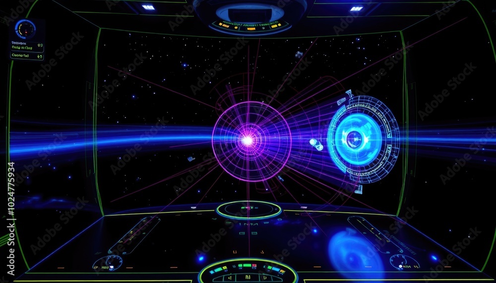 Fototapeta premium Interactive space simulation with holographic control systems and immersive environments, providing a realistic experience for space exploration. AI-generated