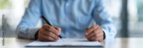 Close-up of a person writing with a pen on paper at a desk, symbolizing focus, creativity, and productivity in a professional setting.