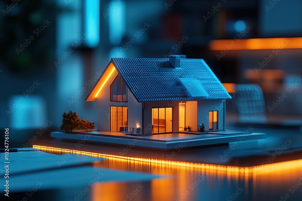 Architectural model of a modern house illuminated from inside, placed on a desk with blueprints and documents in a dimly lit office Architectural model of a modern house illuminated from inside, placed on a desk with blueprints and documents in a dimly lit office