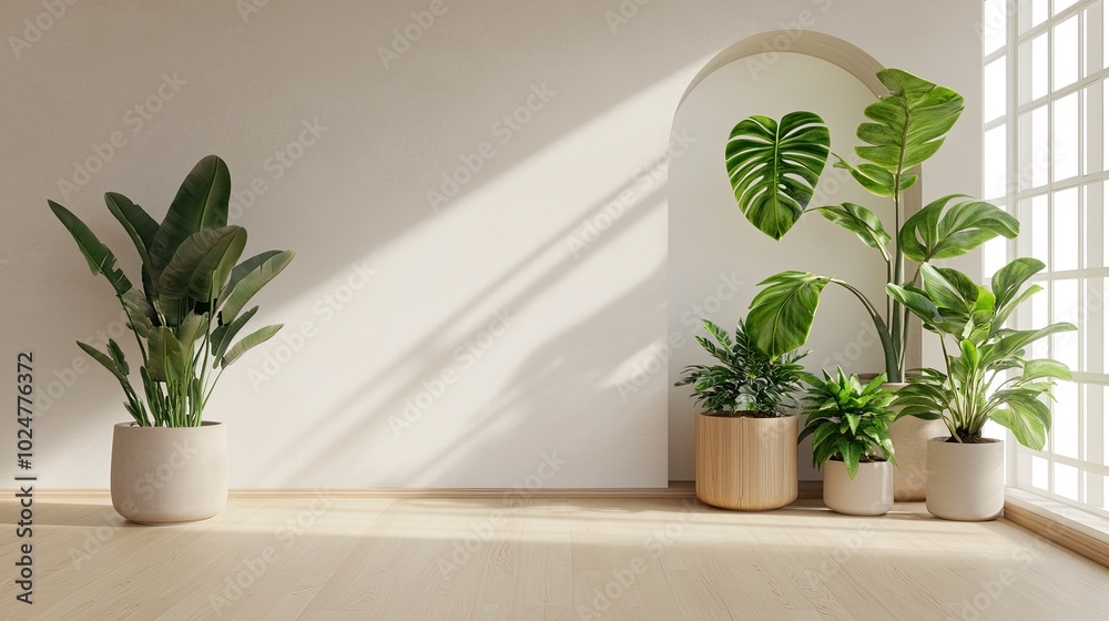 Sunlight enters through a window, casting soft shadows on an arched white wall adorned by lush green plants, creating a tranquil and minimalist ambiance Sunlight enters through a window, casting soft shadows on an arched white wall adorned by lush green plants, creating a tranquil and minimalist ambiance