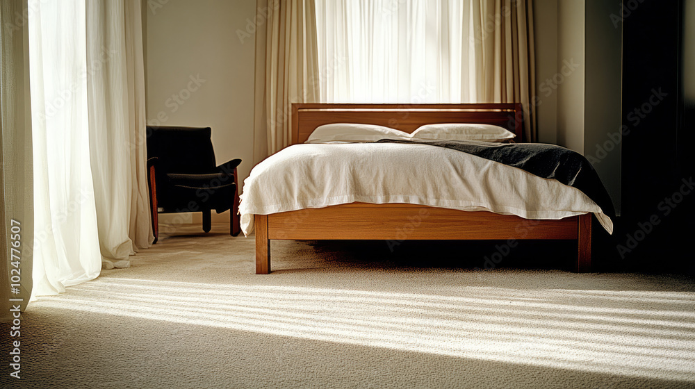 A serene bedroom scene featuring a wooden bed, soft bedding, a plush carpet, and an armchair bathed in gentle, natural sunlight beaming through tall windows. A serene bedroom scene featuring a wooden bed, soft bedding, a plush carpet, and an armchair bathed in gentle, natural sunlight beaming through tall windows.