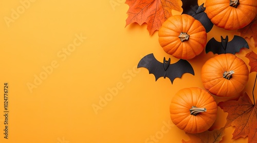 Bright orange pumpkins and a green gourd are artfully arranged with black bats and autumn leaves against a cheerful yellow backdrop