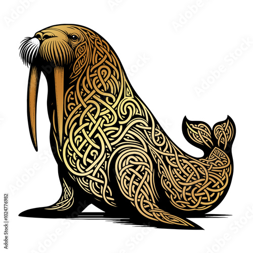 A beautifully detailed walrus illustration in a Celtic knotwork style, rendered in gold tones. This artwork blends ancient Celtic symbolism with modern design, creating a visually striking piece perfe