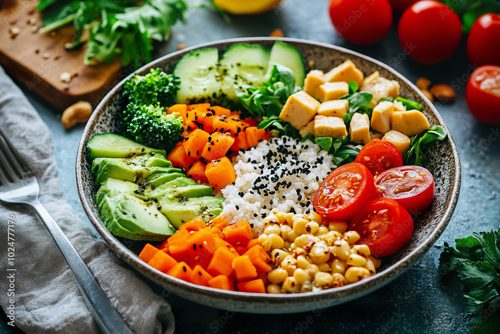 A vibrant poke bowl featuring fresh vegetables and rice on rustic wooden table A vibrant poke bowl featuring fresh vegetables and rice on rustic wooden table