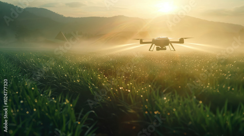 drone flies over misty agricultural field at sunrise, capturing beauty of nature and technology in harmony. serene landscape features rolling hills and soft light