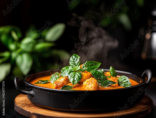 Fragrant fish curry with tender fish pieces in a golden coconut milkbased sauce photo