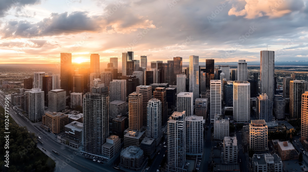 Panoramic view of a modern city skyline at sunset with tall skyscrapers, scattered clouds, and a vibrant sky with warm colors. Panoramic view of a modern city skyline at sunset with tall skyscrapers, scattered clouds, and a vibrant sky with warm colors.