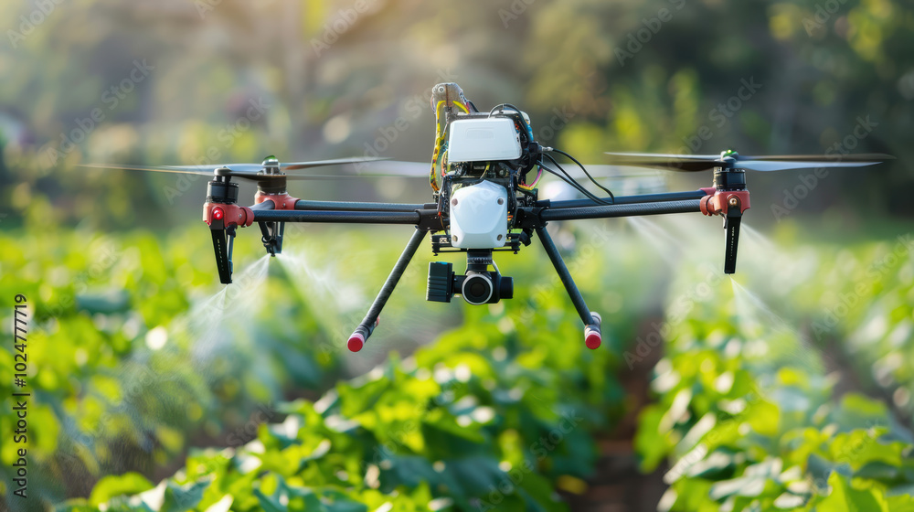 drone equipped with camera is flying over lush green field, spraying crops with precision. This innovative technology enhances agricultural practices and promotes efficient farming drone equipped with camera is flying over lush green field, spraying crops with precision. This innovative technology enhances agricultural practices and promotes efficient farming