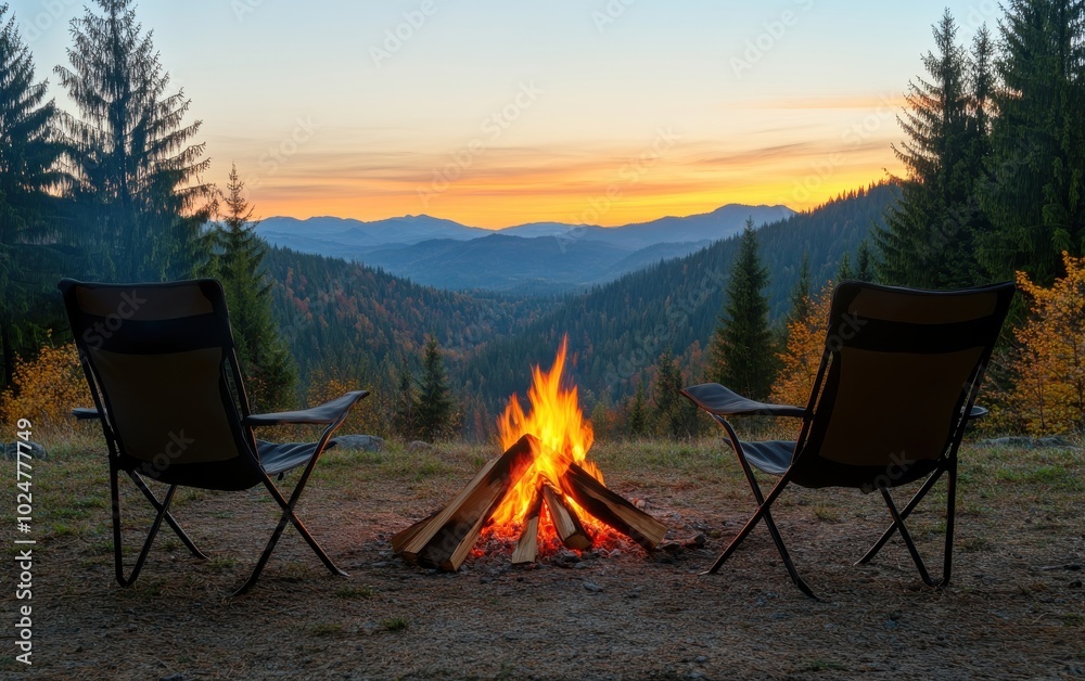 Cozy campfire between two chairs overlooking a serene mountain landscape at sunset, perfect for outdoor relaxation and adventure. Cozy campfire between two chairs overlooking a serene mountain landscape at sunset, perfect for outdoor relaxation and adventure.