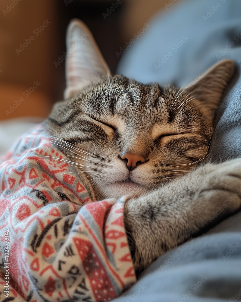 Obraz premium Close-up of a cat wearing cute pajamas with tiny patterns