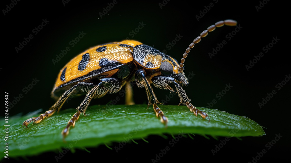Naklejka premium Close-up of a yellow and black spotted beetle with antennae perched on a green leaf against a dark background.