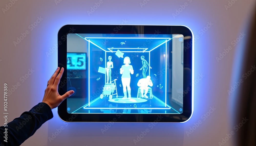 Interactive smart mirror with holographic displays and real-time data, offering a seamless blend of technology and personal convenience. AI-generated