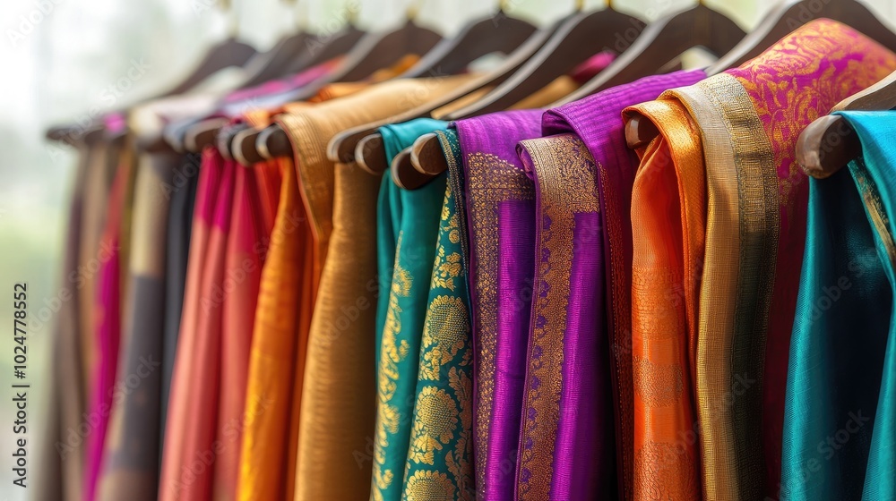 Elegant array of silk dhotis in vibrant hues, draped on hangers, soft background emphasizing their opulent textures. Elegant array of silk dhotis in vibrant hues, draped on hangers, soft background emphasizing their opulent textures.