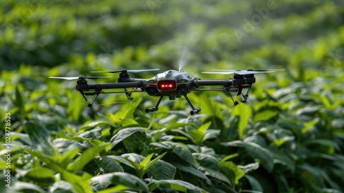 drone hovers above lush green tea plants, showcasing advanced technology in agriculture. Its red lights indicate active monitoring, enhancing crop management and efficiency