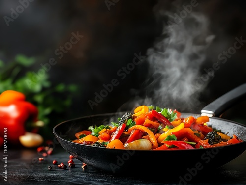 Fragrant vegetable kadai with colorful bell peppers and onions in a spicy, tomatobased gravy photo