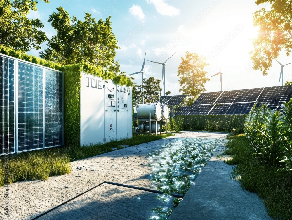 Futuristic hydrogen production facility with solar panels and wind ...