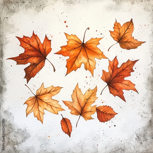 Watercolor Painting of Vibrant Dry Autumn Leaves Scattered on a Textured Background