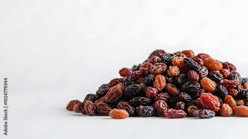 Fototapeta premium A pile of assorted raisins, showcasing a variety of colors and textures against a plain background.