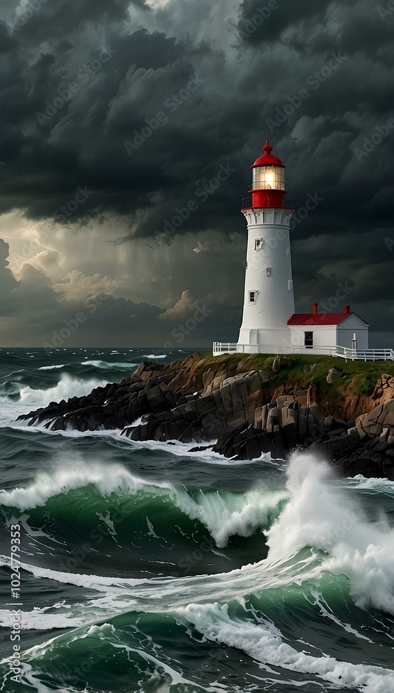 Lighthouse on a Cliff During a Storm: Waves Crash Against Rocks Under Dark Skies Lighthouse on a Cliff During a Storm: Waves Crash Against Rocks Under Dark Skies