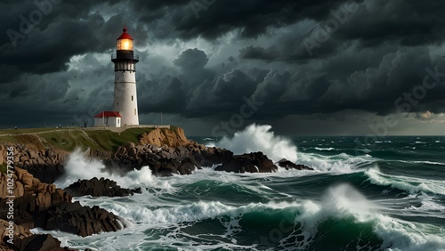 Lighthouse on a Cliff During a Storm: Waves Crash Against Rocks Under Dark Skies