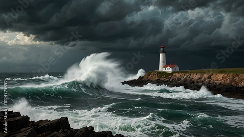 Lighthouse on a Cliff During a Storm: Waves Crash Against Rocks Under Dark Skies photo